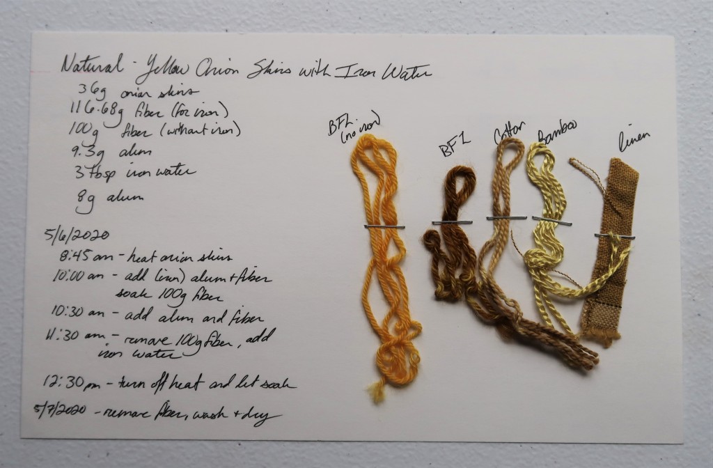 An index card on a white table. On the left hand side, the information on this web page is handwritten in black ink.

On the right hand side, there are stapled 5 samples. The BFL yarn (no iron) is a golden yellow. The BFL yarn is a medium brown. The cotton yarn is a tan. The bamboo yarn is a tan yellow. The linen is a dark taupe.